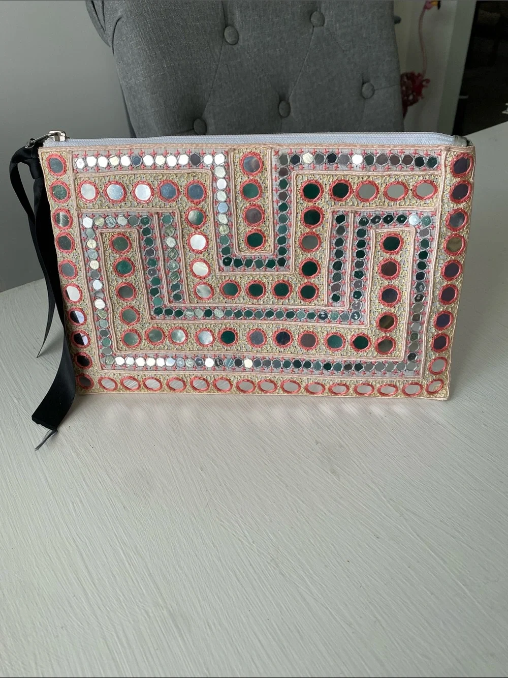Naf Naf Coral Boho Mirror Work Shisha Embroidered Zipper Pouch Clutch Bag